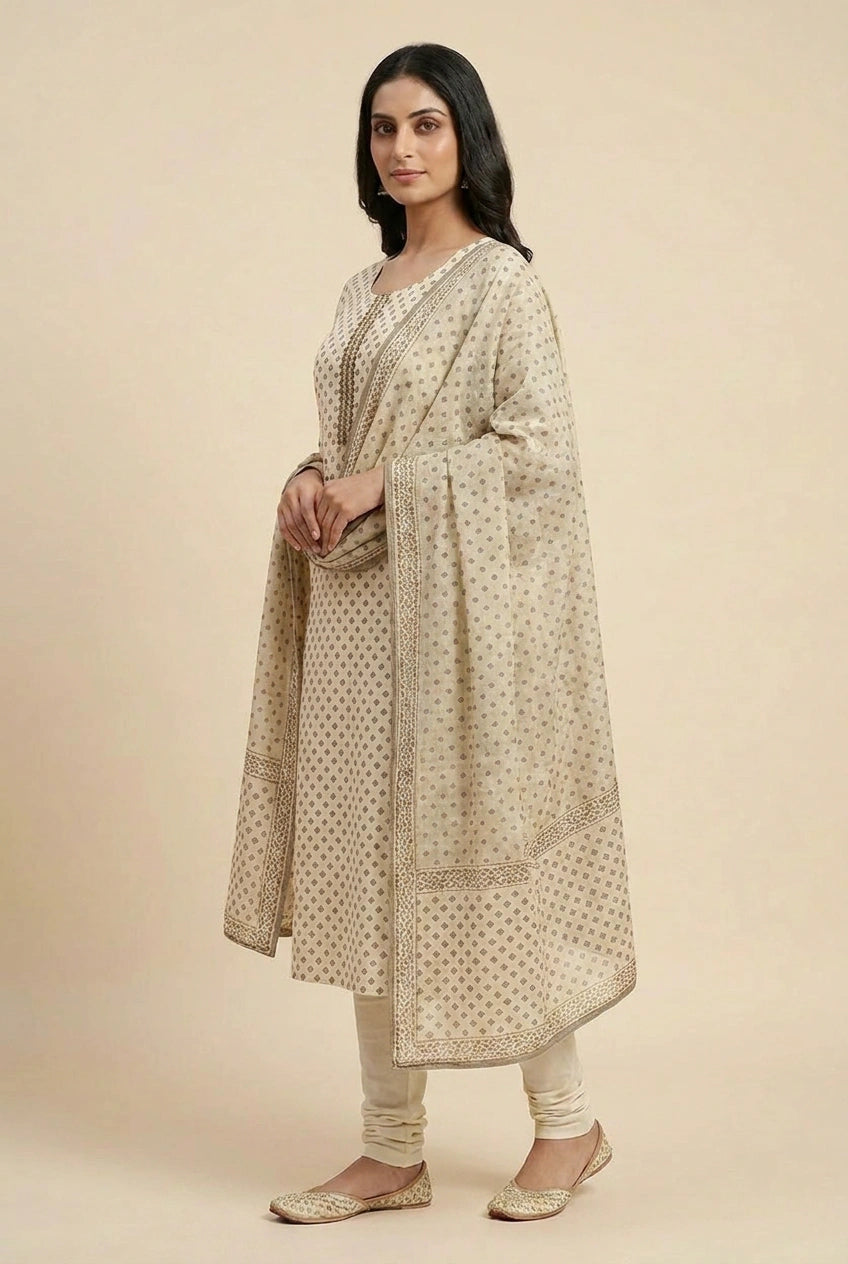 Off White/Grey Cotton Straight Suit for Festive Comfort