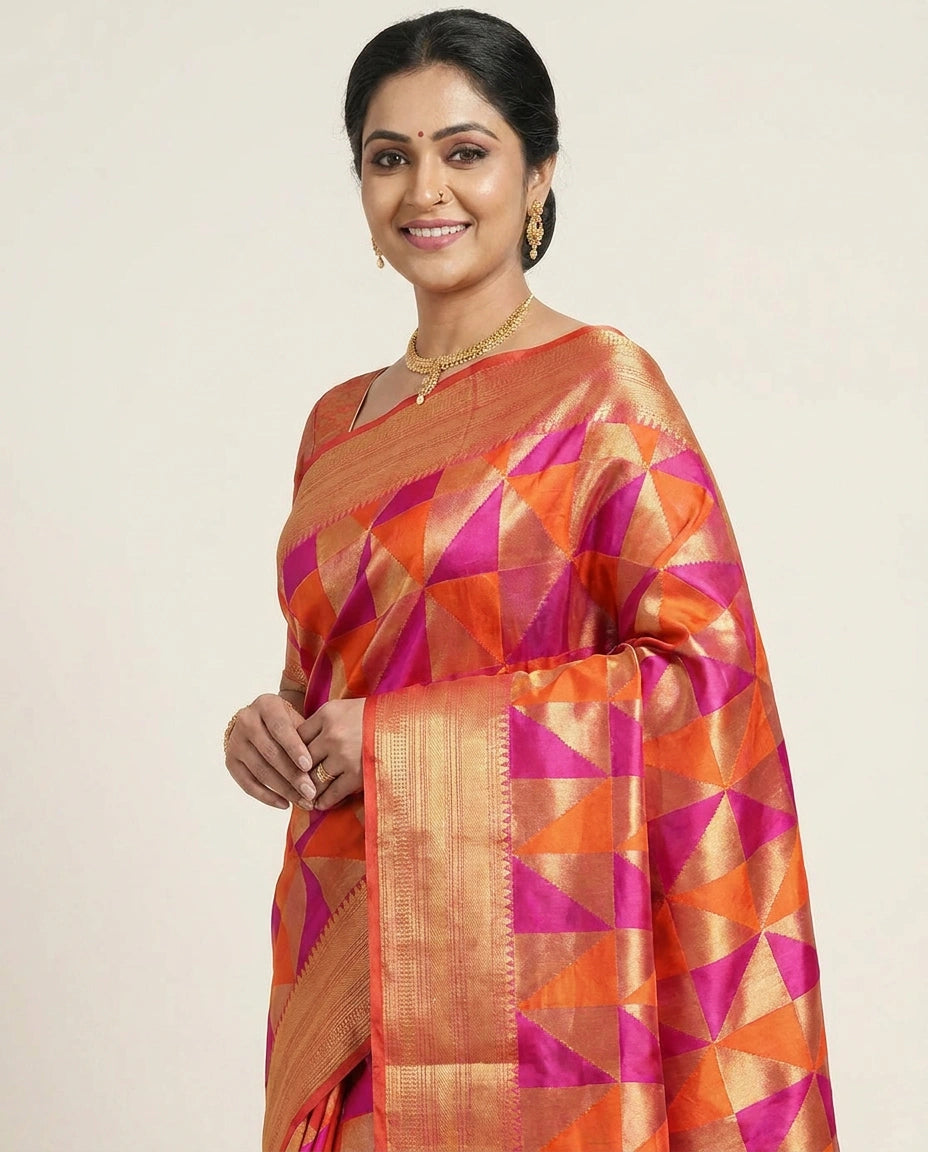 Orange Kanchipuram Saree with Geometric Weave - Rangoli India