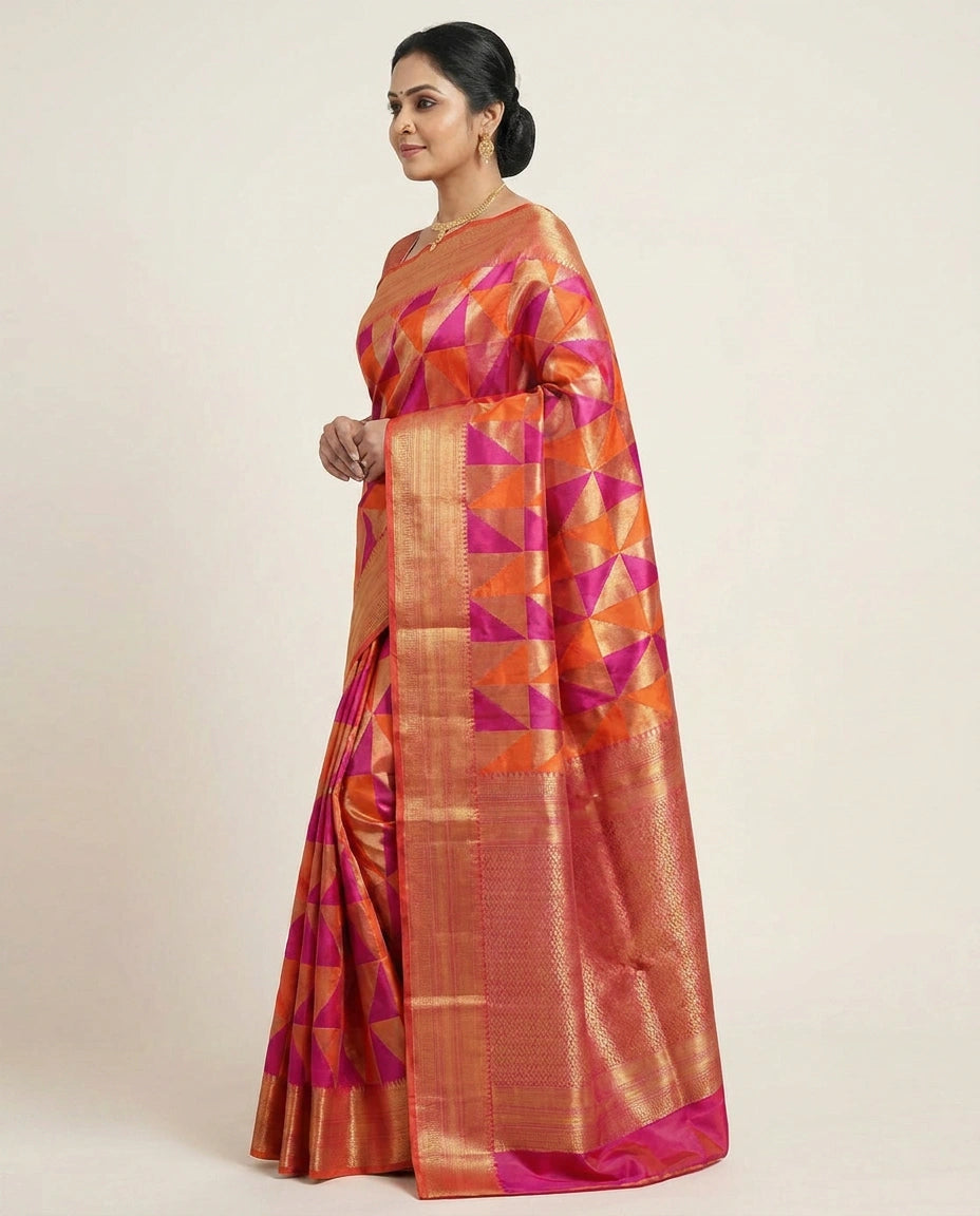Orange Kanchipuram Saree with Geometric Weave - Rangoli India
