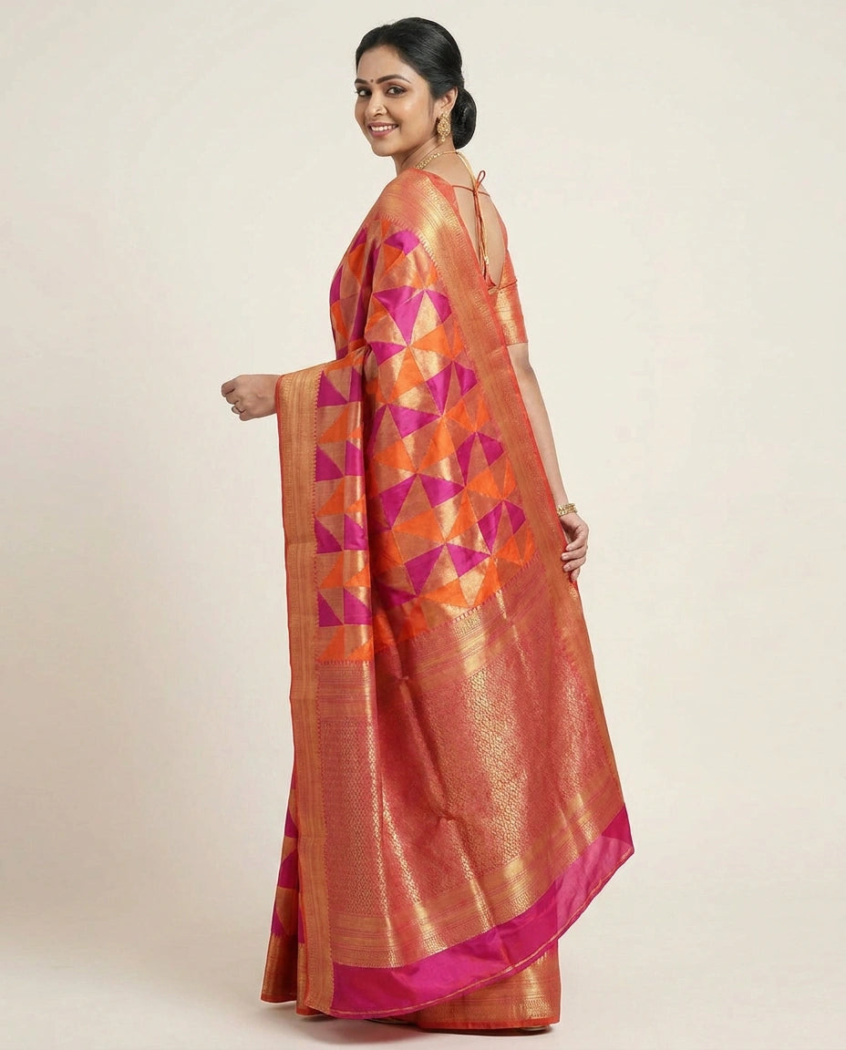 Orange Kanchipuram Saree with Geometric Weave - Rangoli India
