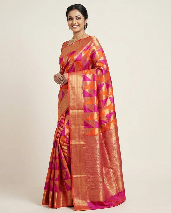 Orange Kanchipuram Saree with Geometric Weave - Rangoli India