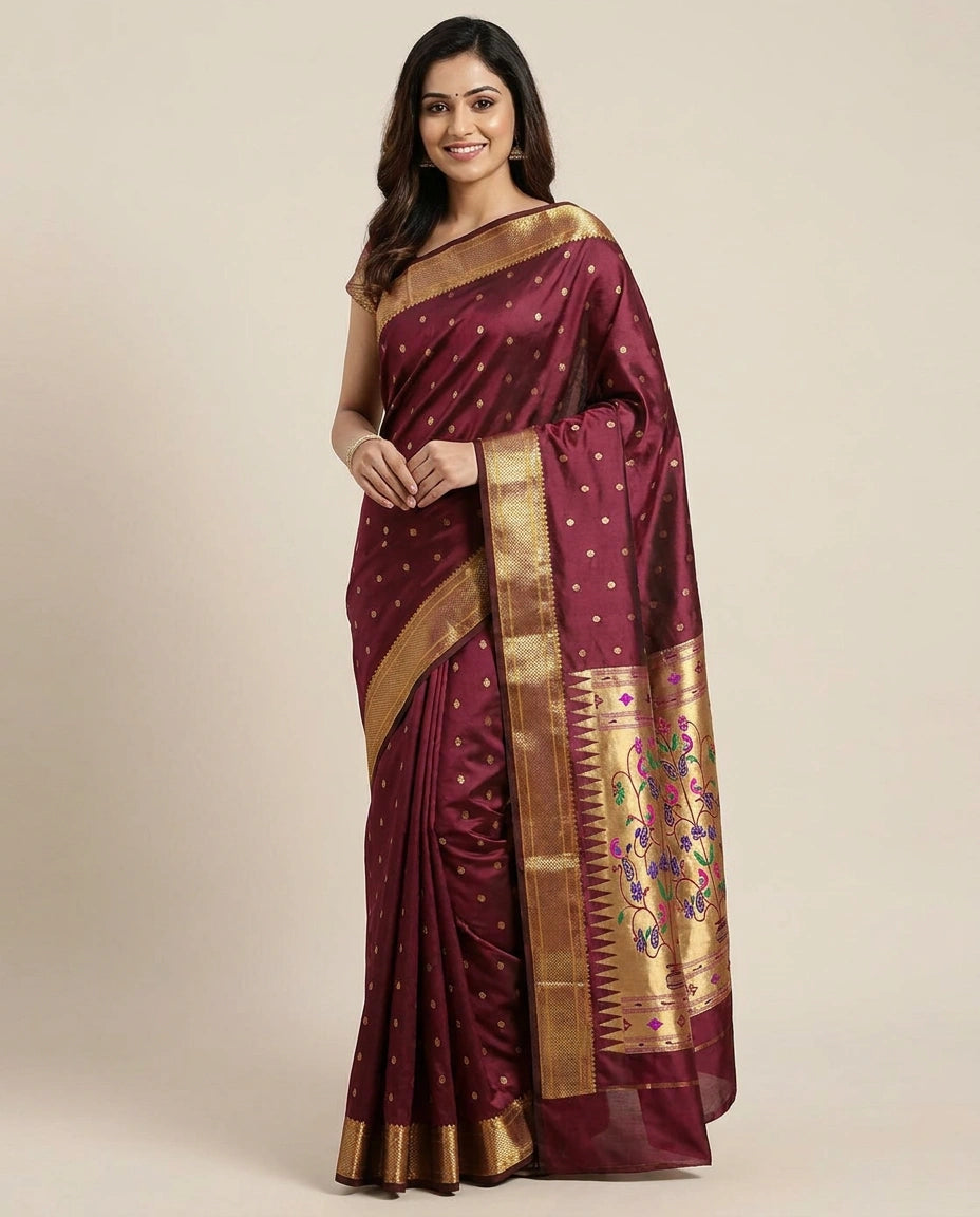 South Weave Saree in Silk Katan with Woven Pallu - Rangoli India