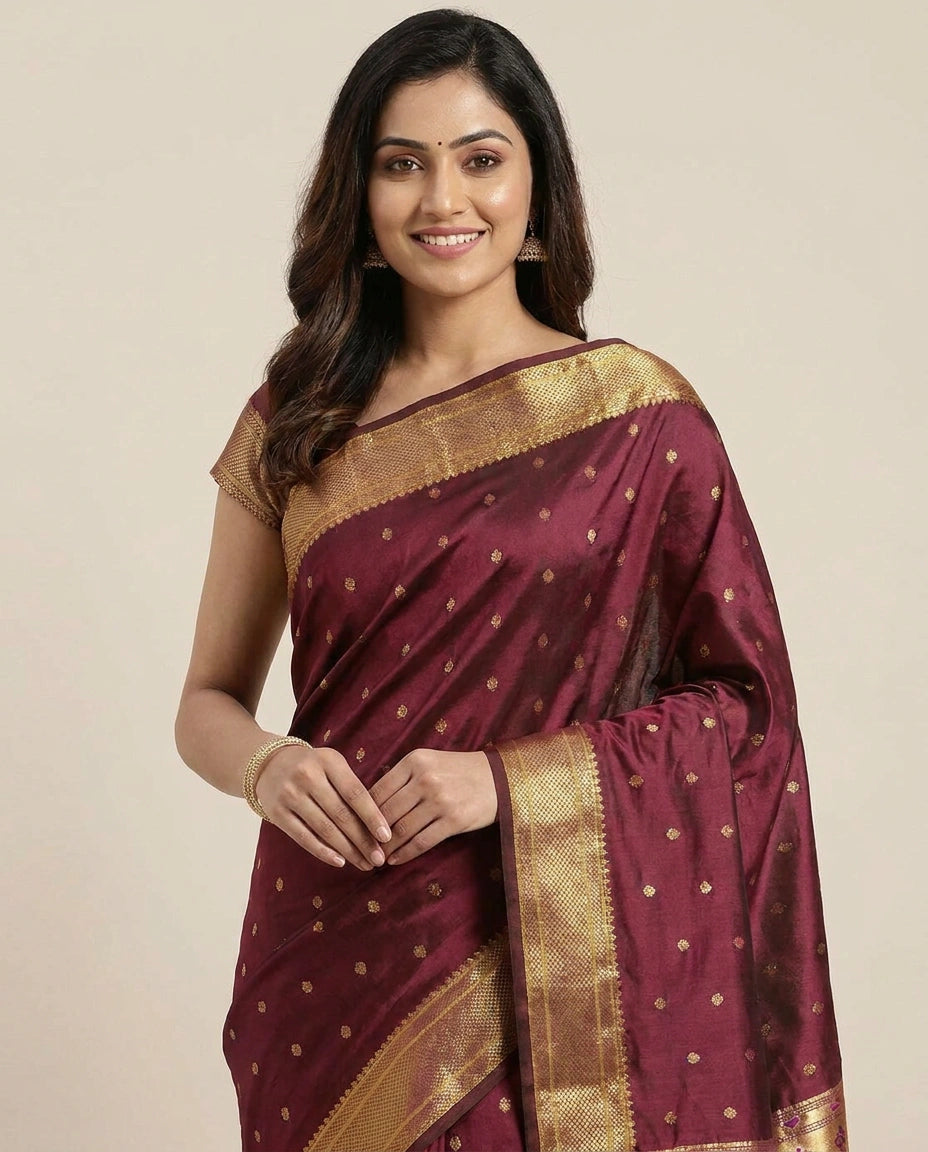 South Weave Saree in Silk Katan with Woven Pallu - Rangoli India
