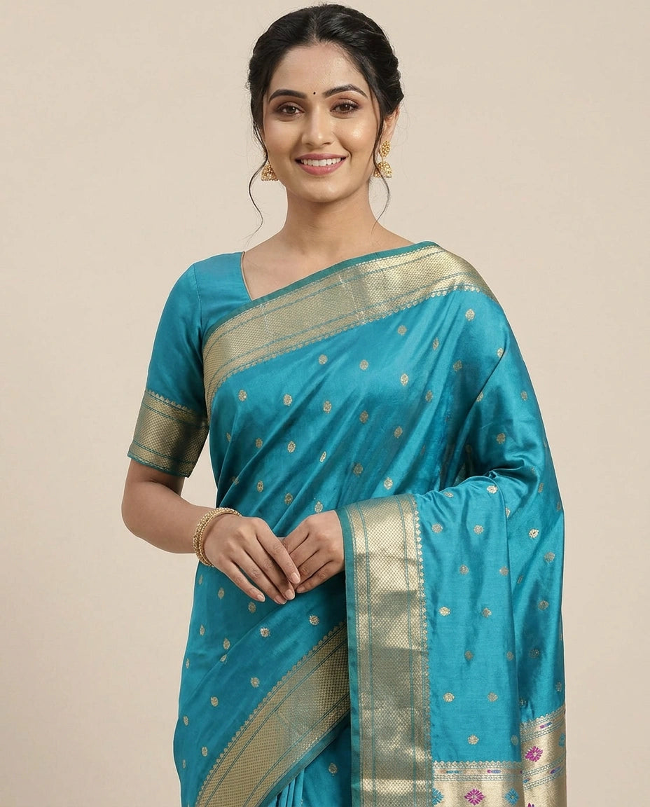 South Weave Saree in Silk Katan with Woven Pallu - Rangoli India