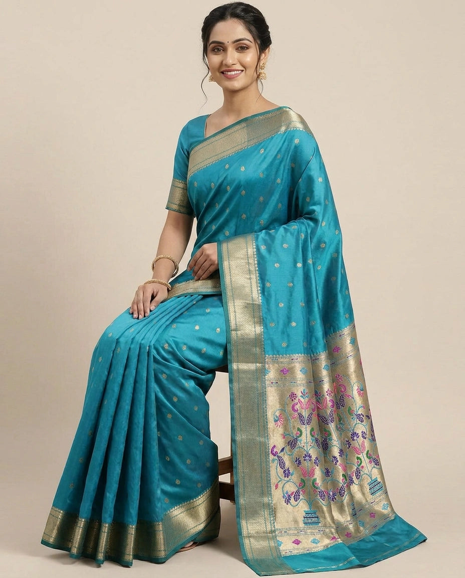 South Weave Saree in Silk Katan with Woven Pallu - Rangoli India