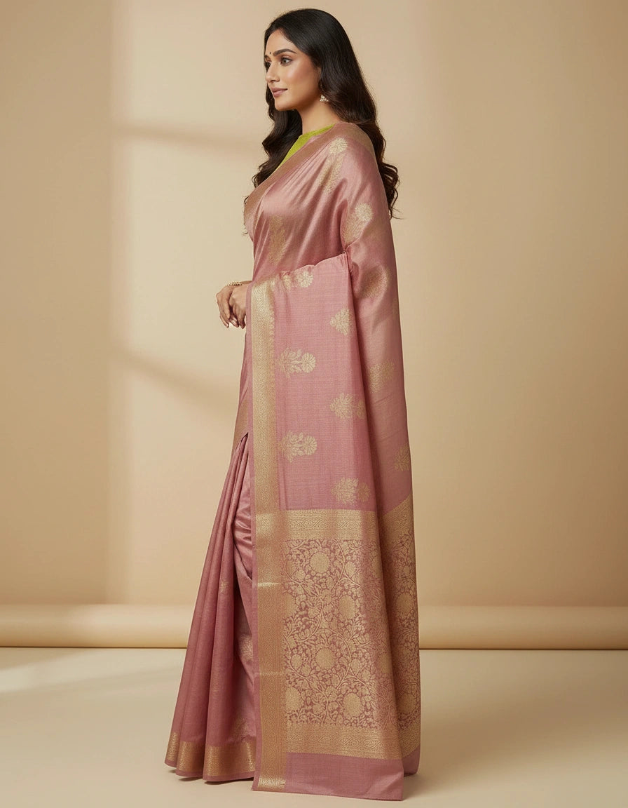 Woman wearing a pink saree with a gold border against a beige background
