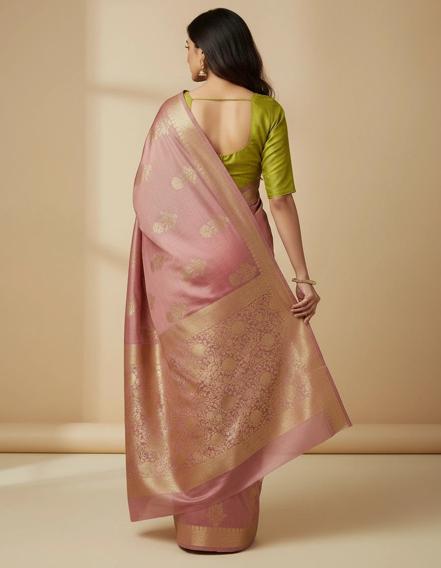 Woman wearing a pink saree with a green blouse against a beige background