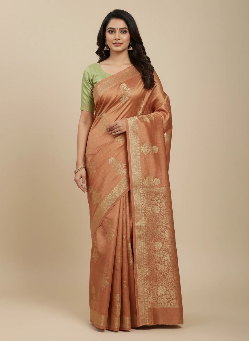 Woman wearing a brown saree with a green blouse against a beige background