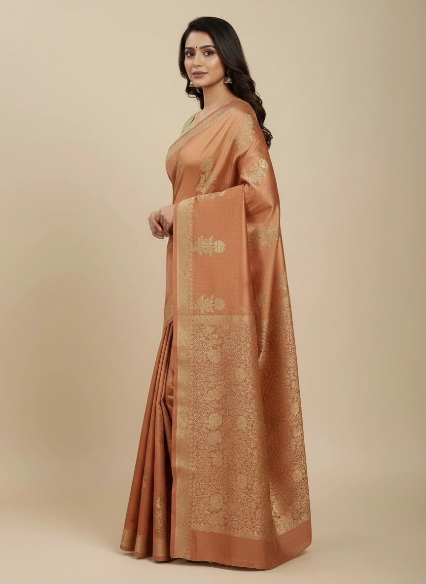 Woman wearing a brown saree with gold patterns on a beige background