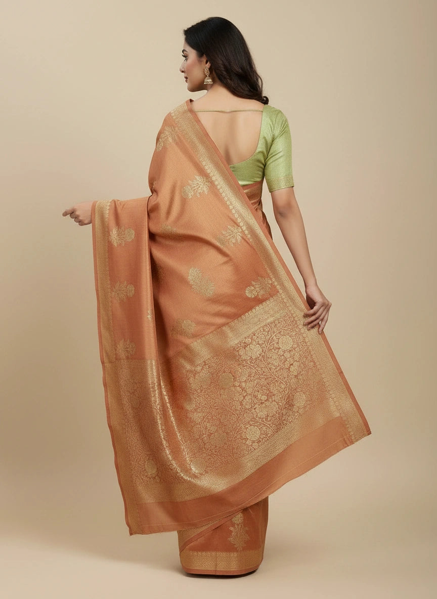 Woman wearing a traditional saree with a green blouse on a beige background