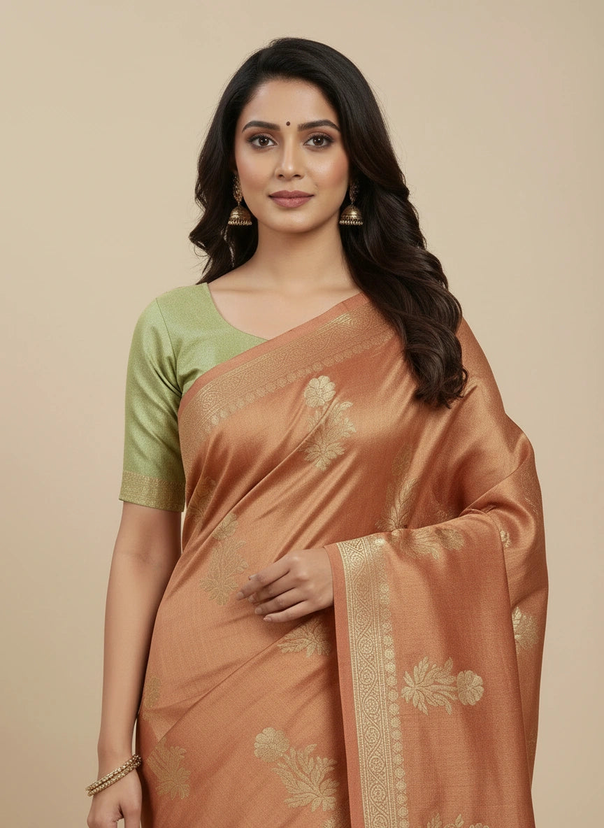 Woman wearing a traditional saree with a green blouse on a beige background