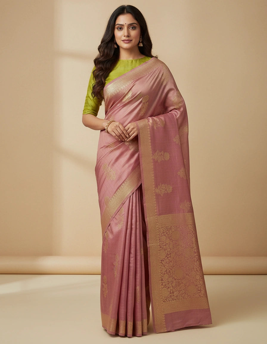 Woman wearing a pink saree with a gold border on a beige background