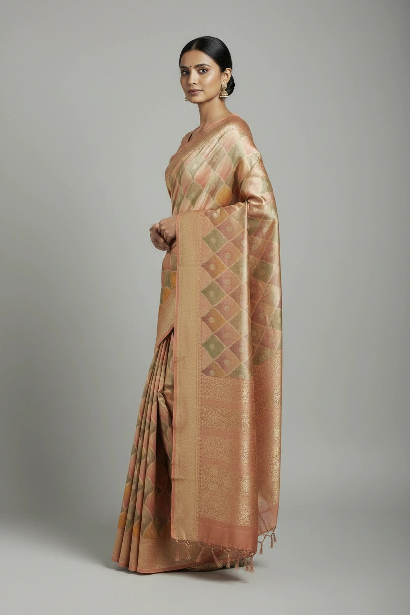 Woman wearing a traditional saree with a geometric pattern on a plain background