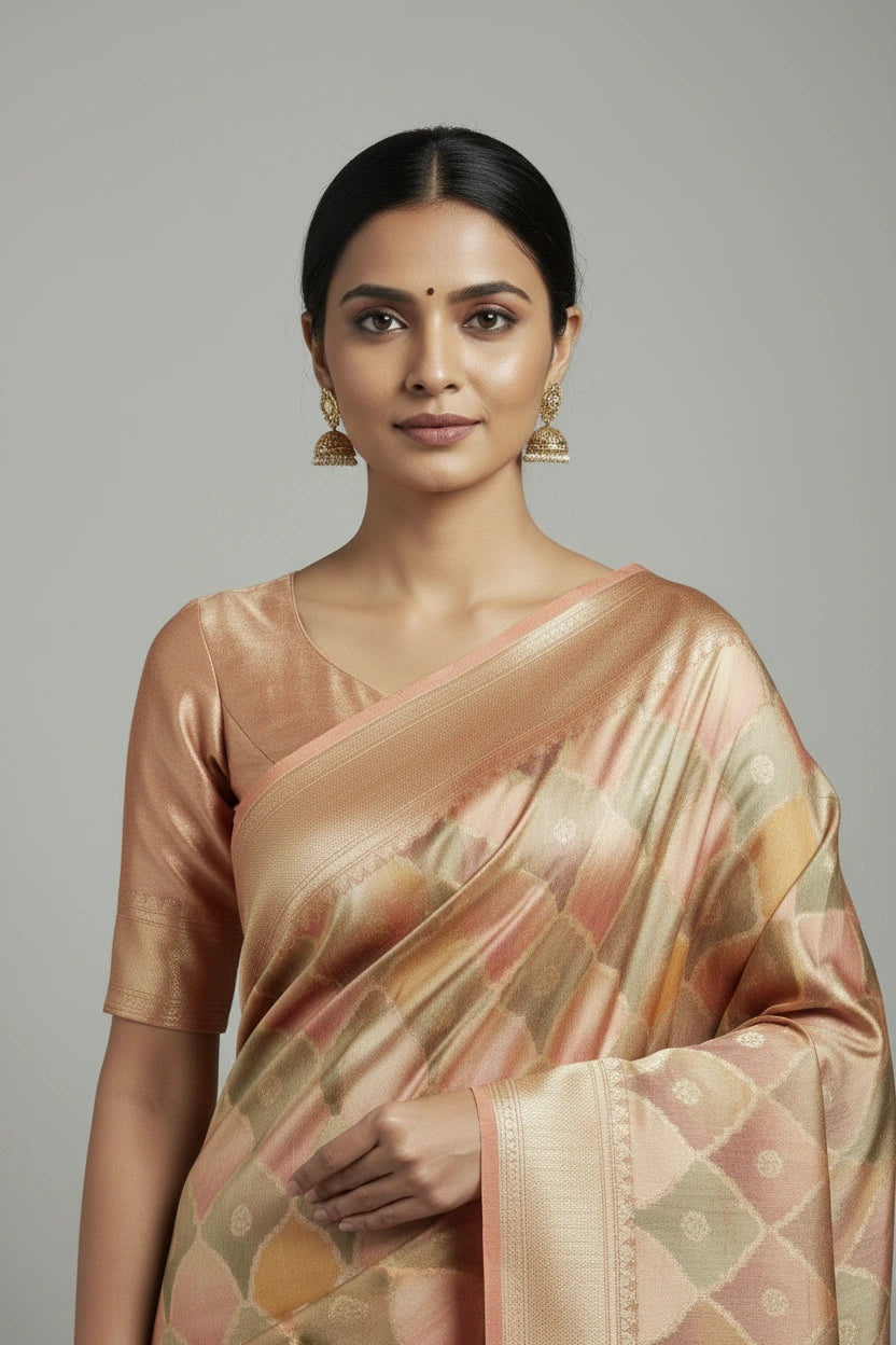 Woman wearing a traditional saree with a neutral background