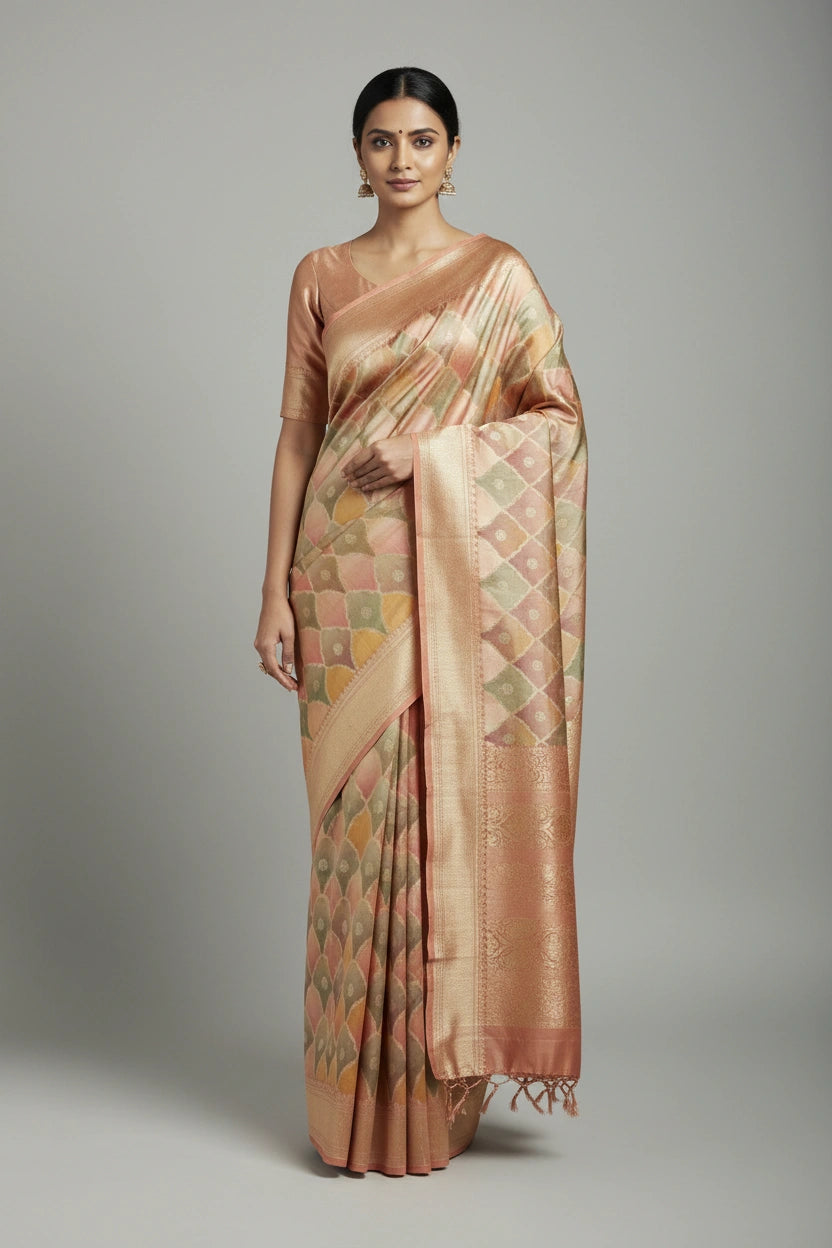 Woman wearing a patterned saree on a plain background