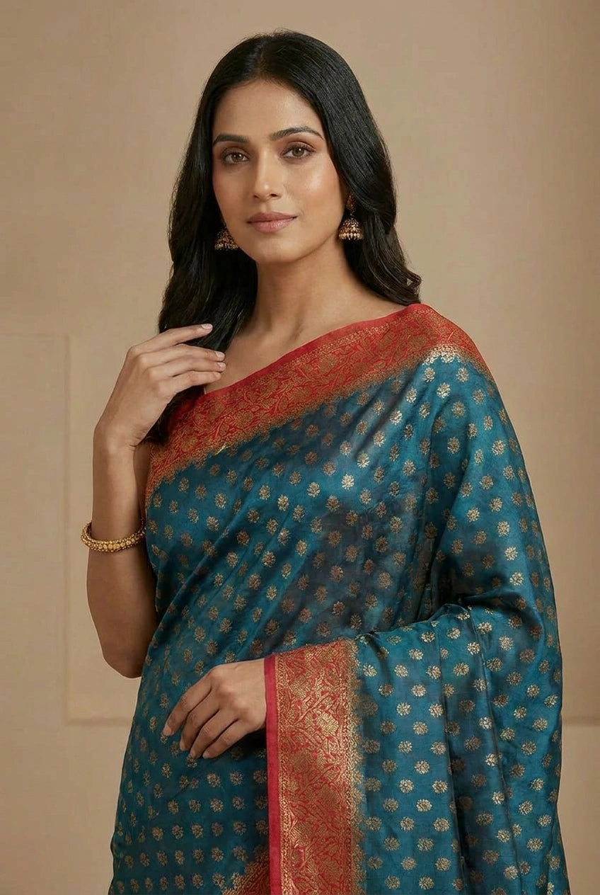 Woman wearing a blue saree with a red border against a beige background