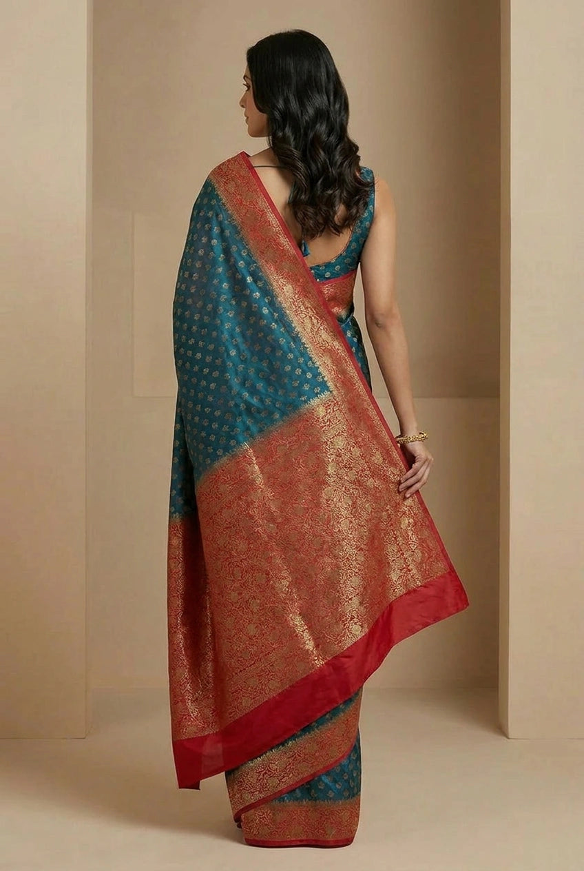 Woman wearing a traditional saree with a blue and red pattern against a beige background