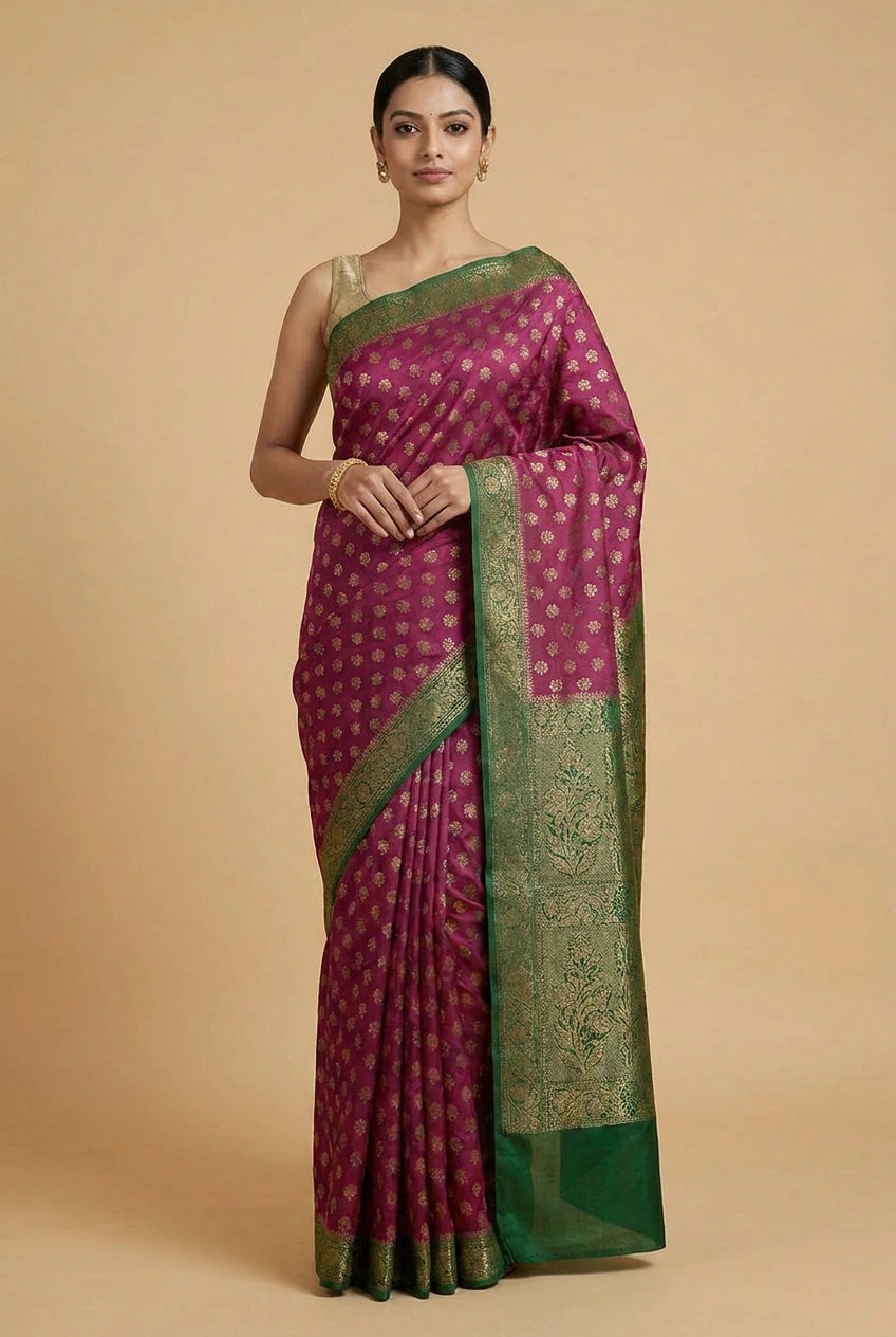 Woman wearing a pink saree with green border on a beige background