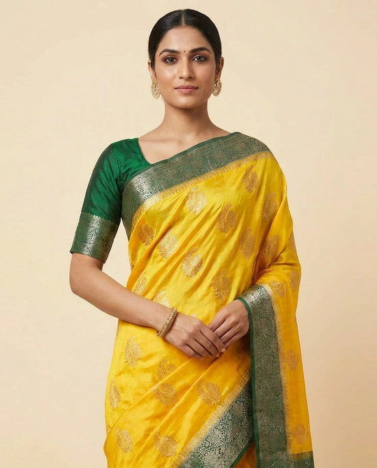 Yellow Chiniya Silk Banarasi Saree with Meenakari Woven Motifs - Rangoli India