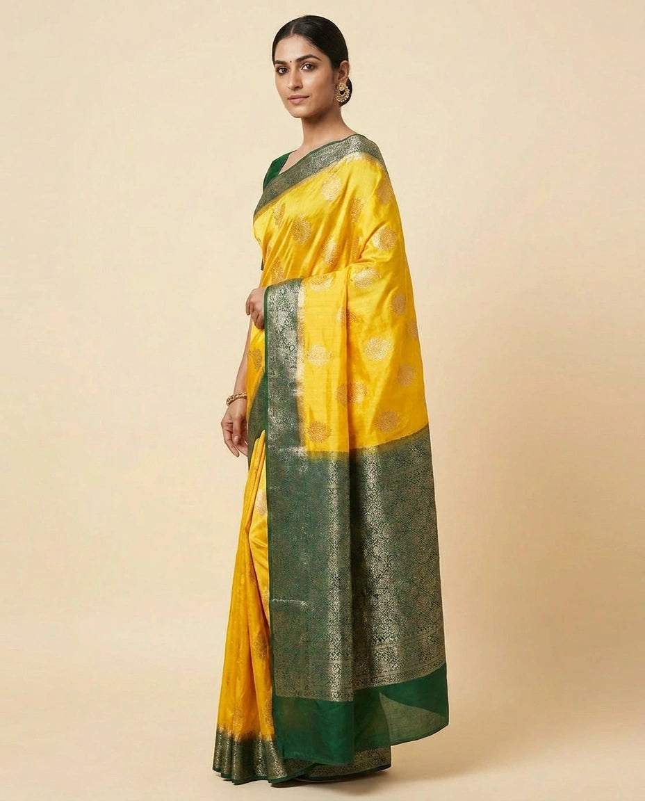 Woman wearing a yellow and green saree on a beige background