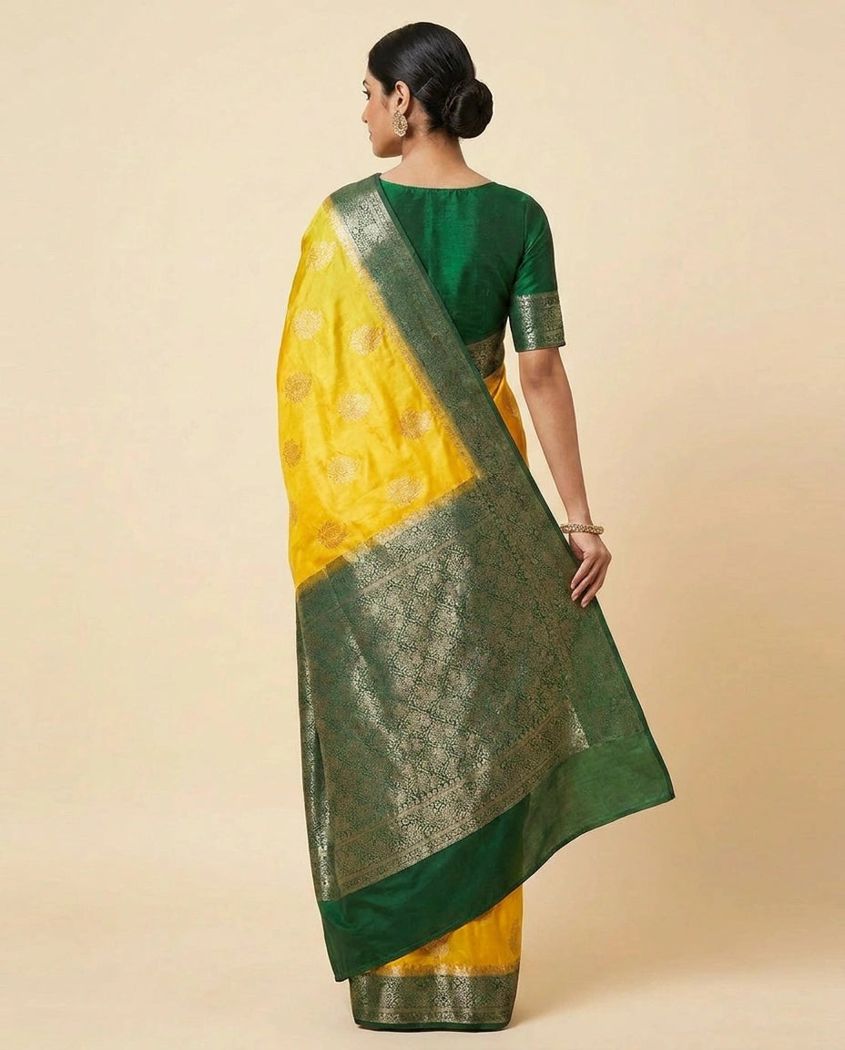 Woman wearing a green and yellow saree on a beige background