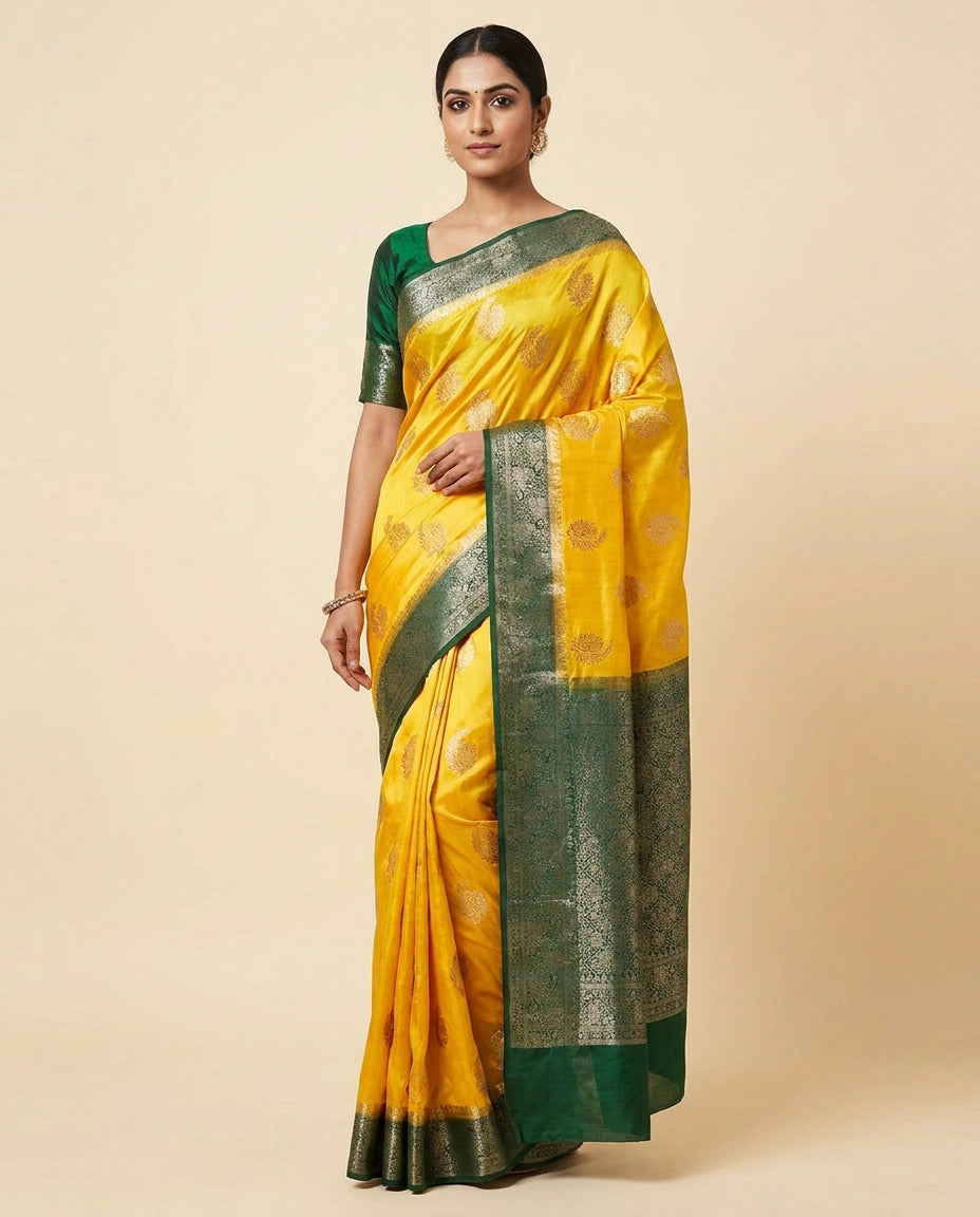 Woman wearing a yellow saree with green border on a beige background