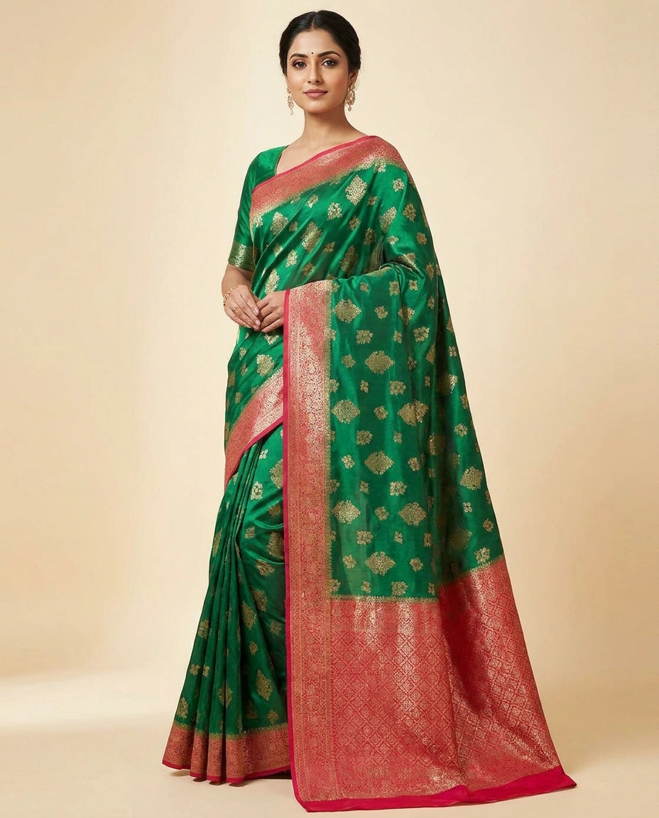 Bottle Green/Maroon Banarasi Chiniya Silk Saree with Meenakari Woven Border