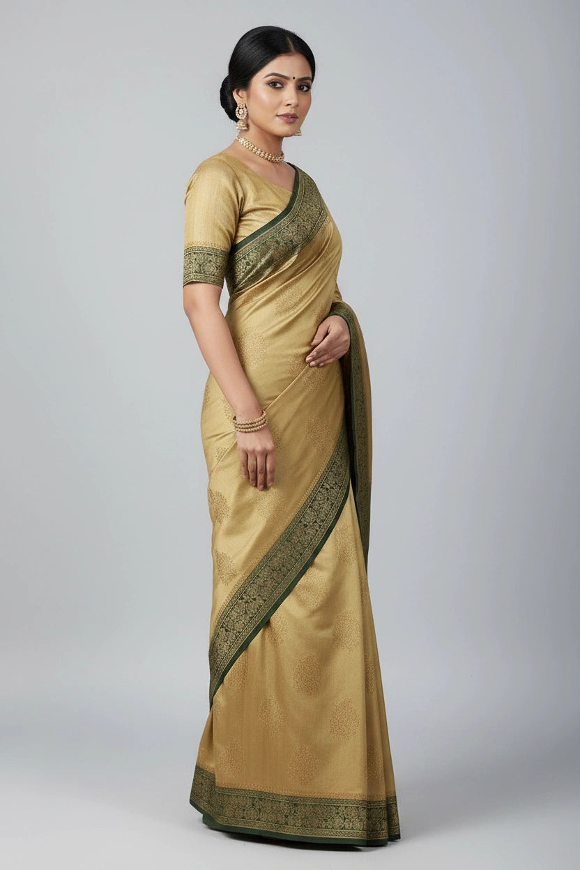 Woman wearing a beige saree with green border on a gray background