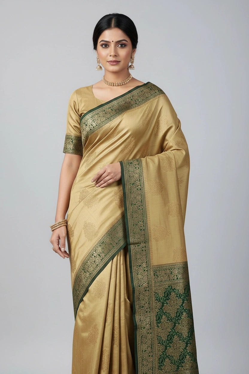 Woman wearing a beige saree with green border on a plain background