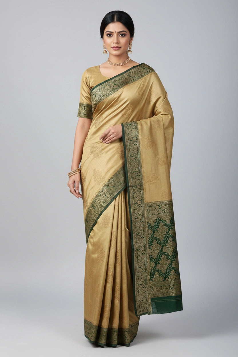 Woman wearing a beige saree with green border on a gray background