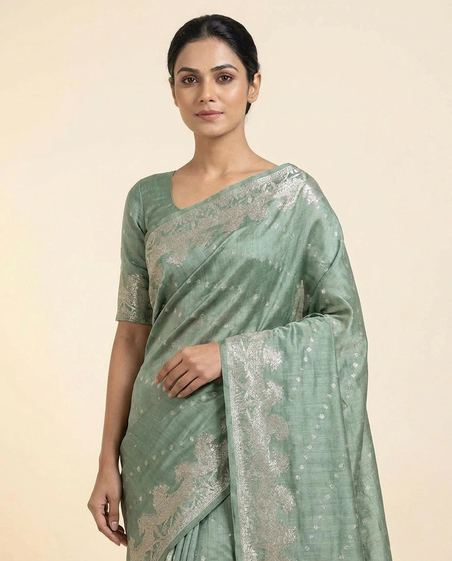 Fine Chiniya Silk Banarasi Saree with Meenakari Zari Work view 2