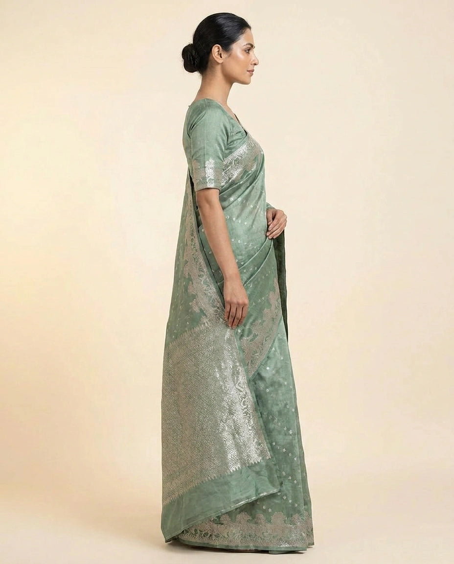 Fine Chiniya Silk Banarasi Saree with Meenakari Zari Work view 3