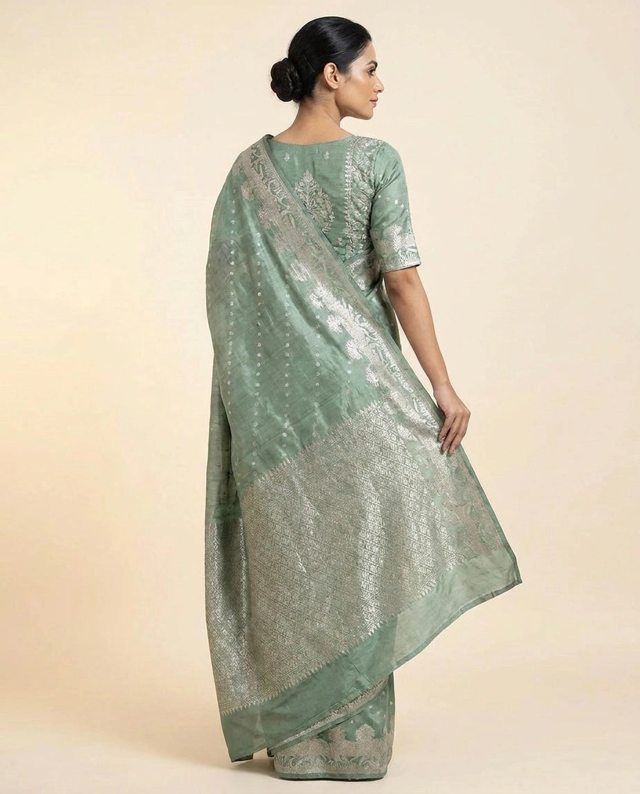 Fine Chiniya Silk Banarasi Saree with Meenakari Zari Work view 4
