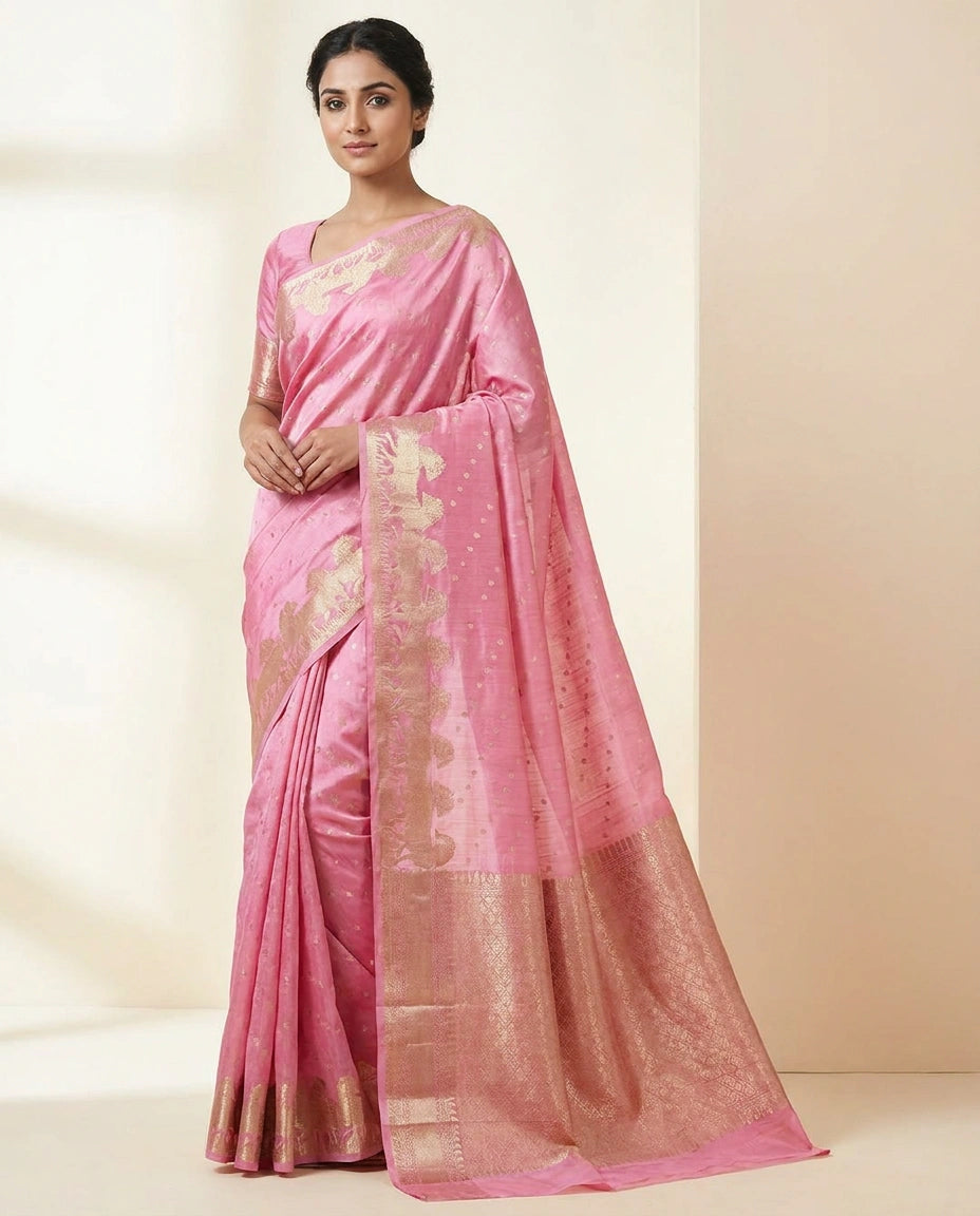 Fine Chiniya Silk Banarasi Saree with Meenakari Zari Work view 5