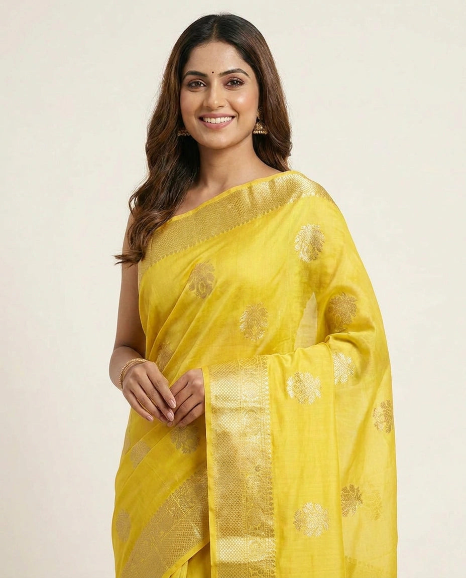 Chiniya Silk Banarasi Saree with Woven Floral Motifs - Rangoli India