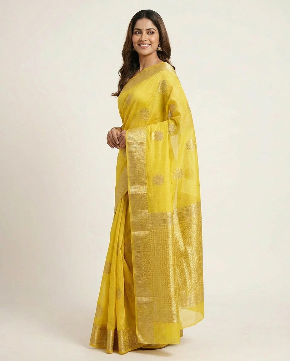 Chiniya Silk Banarasi Saree with Woven Floral Motifs - Rangoli India