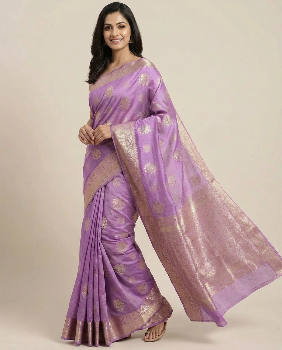 Chiniya Silk Banarasi Saree with Woven Floral Motifs - Rangoli India