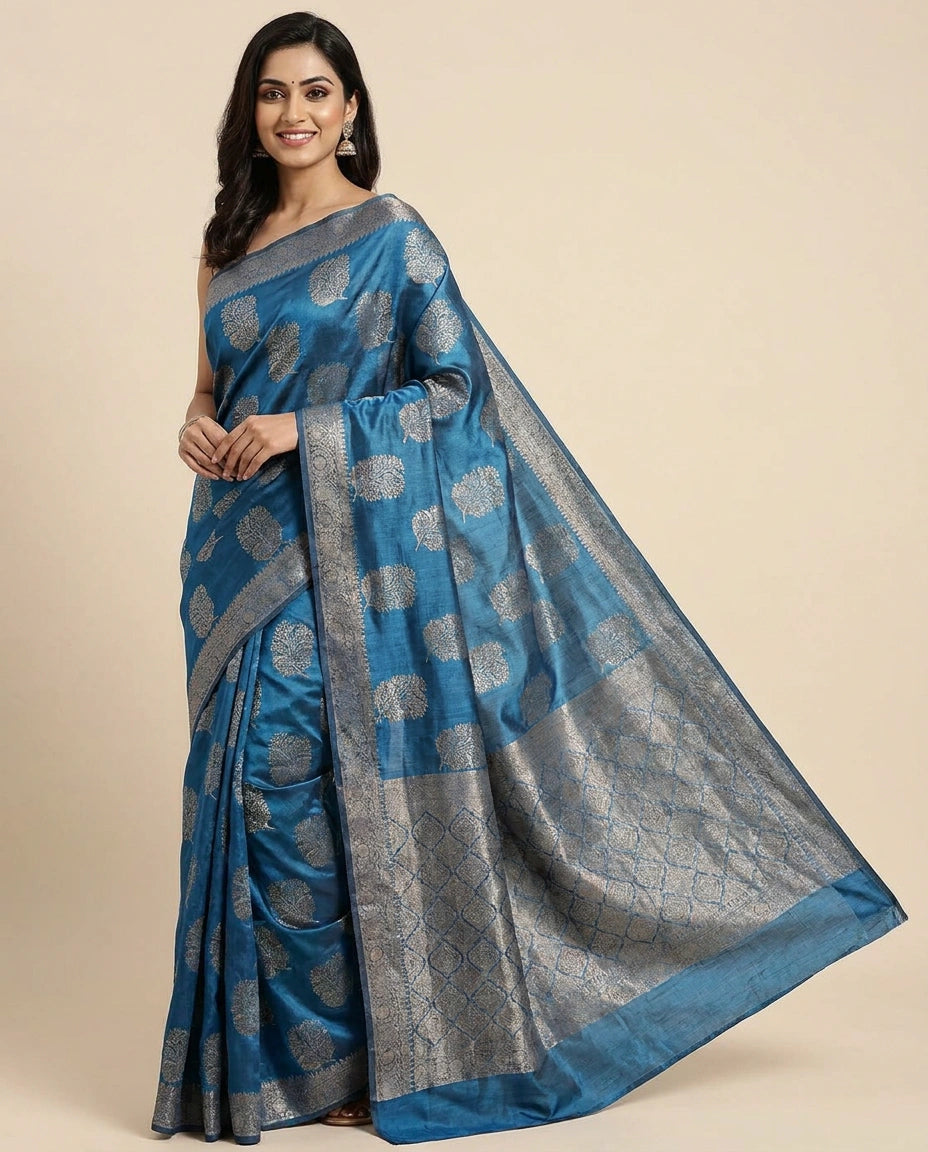 Tussar Silk Banarasi Saree with Woven Circular Motifs - Rangoli India