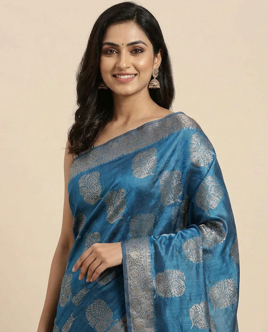 Tussar Silk Banarasi Saree with Woven Circular Motifs - Rangoli India