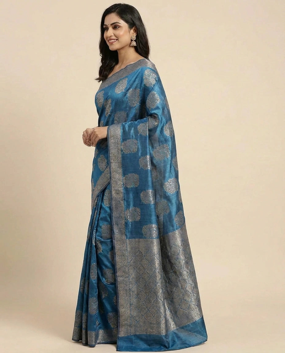 Tussar Silk Banarasi Saree with Woven Circular Motifs - Rangoli India