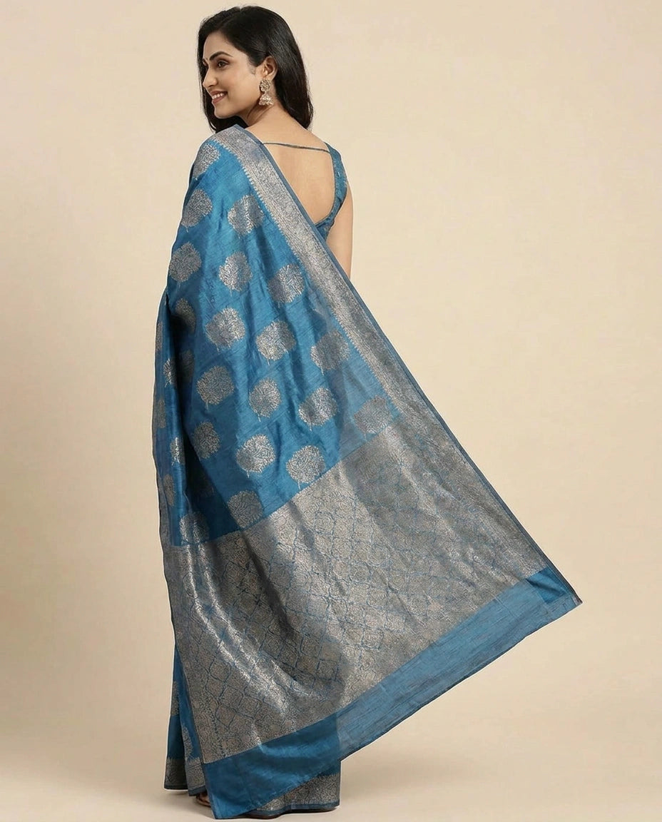 Tussar Silk Banarasi Saree with Woven Circular Motifs - Rangoli India