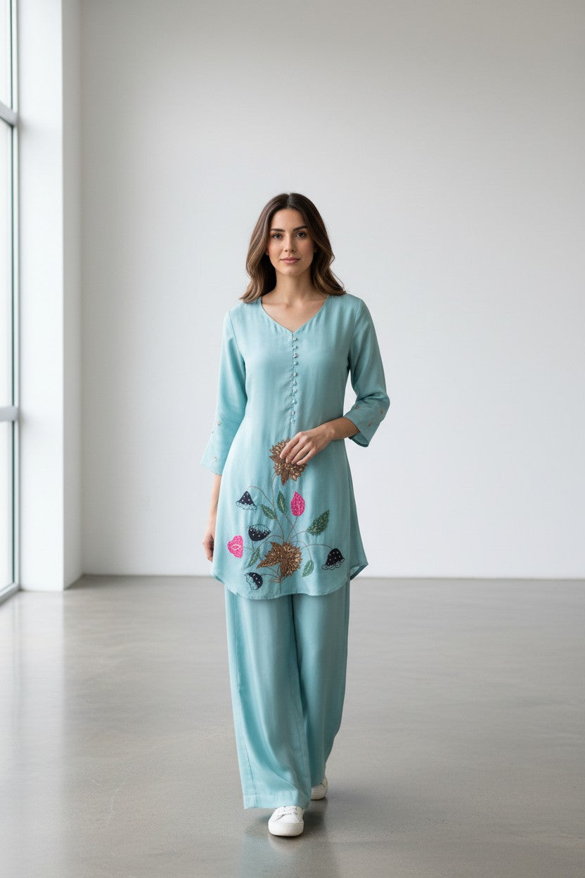 Aqua Blue Embroidered Chinon Co-ord Set
