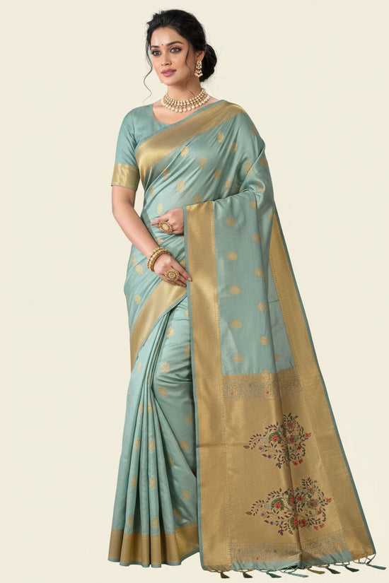Handcrafted Pure Silk Katan South Indian Woven Silk Saree - Sky Blue | Rangoli