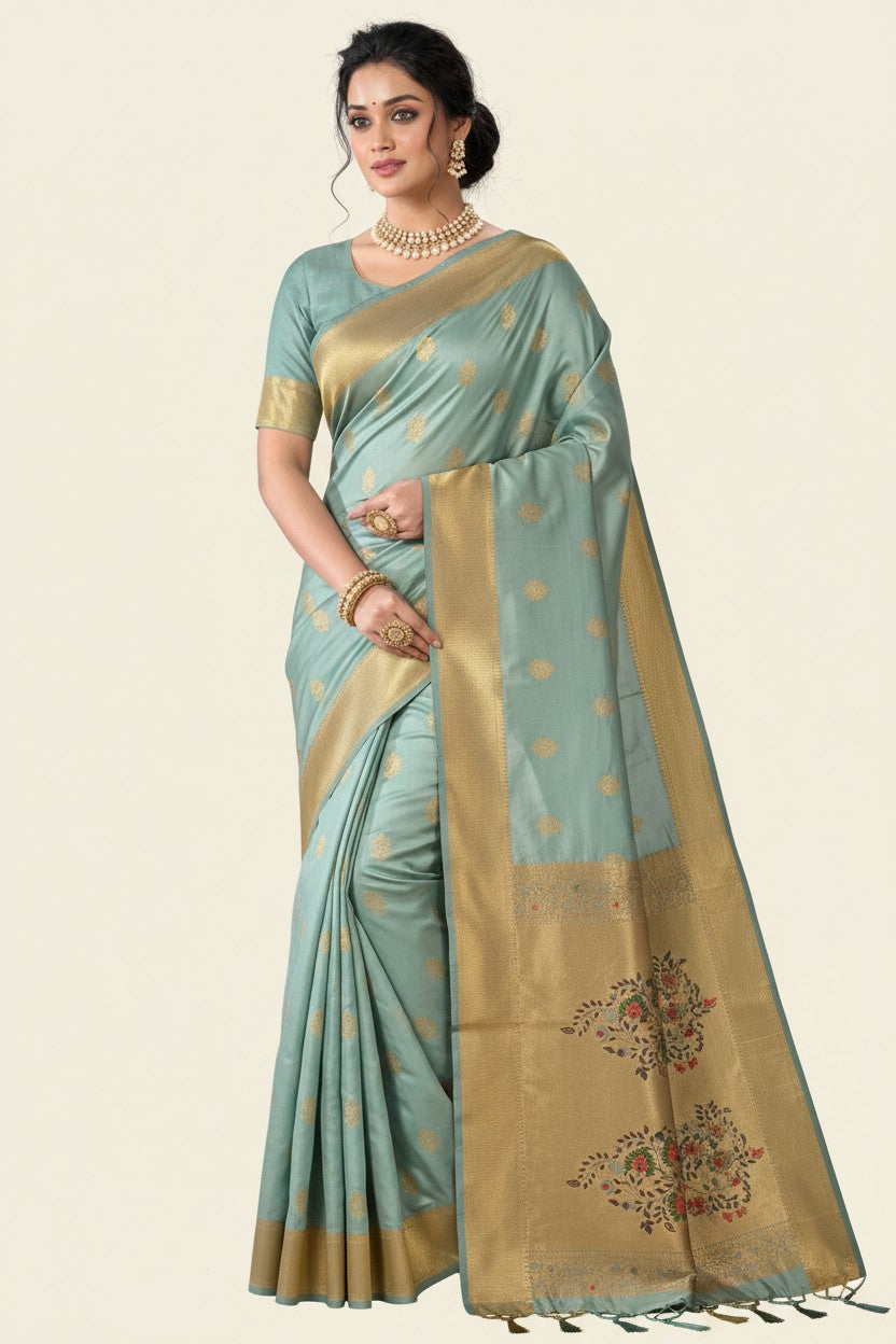 Handcrafted Pure Silk Katan South Indian Woven Silk Saree - Sky Blue | Rangoli