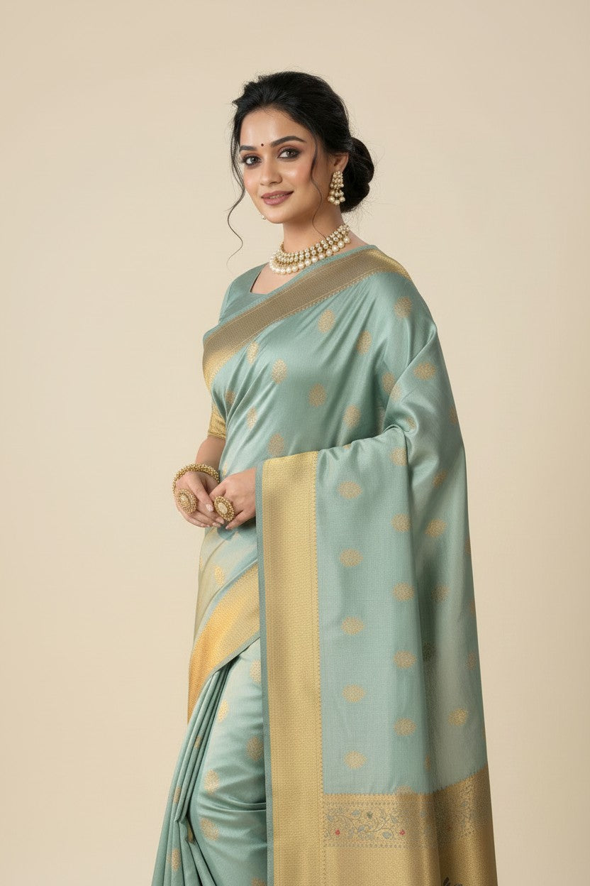Handcrafted Pure Silk Katan South Indian Woven Silk Saree - Bottle Green | Rangoli