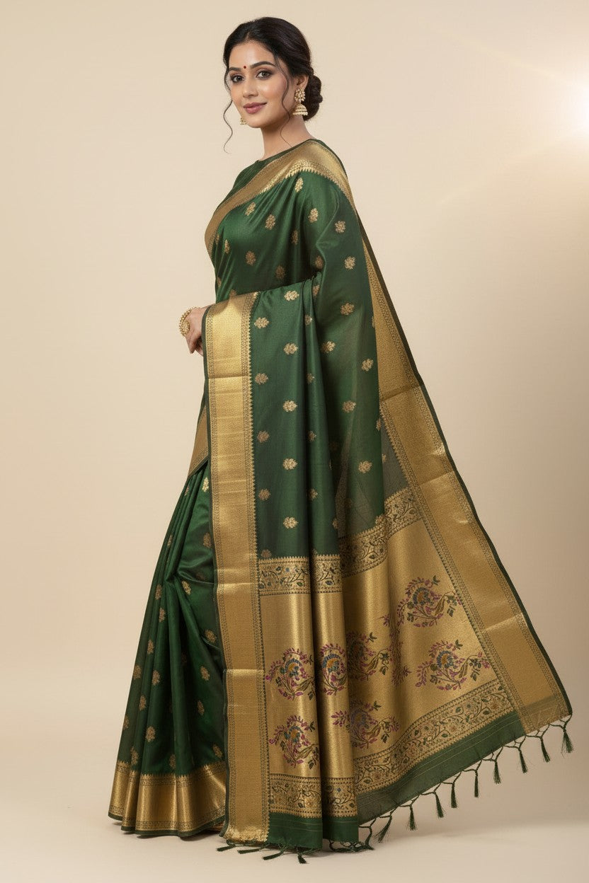 Handcrafted Pure Silk Katan South Indian Woven Silk Saree - Blue | Rangoli