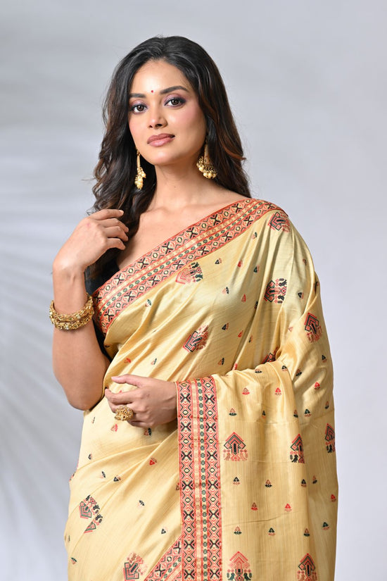 Beige & Red Silk Katan Sarees