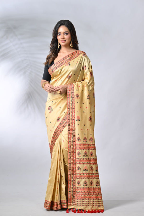 Beige & Red Silk Katan Sarees