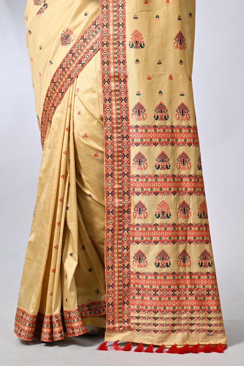 Beige & Red Silk Katan Sarees