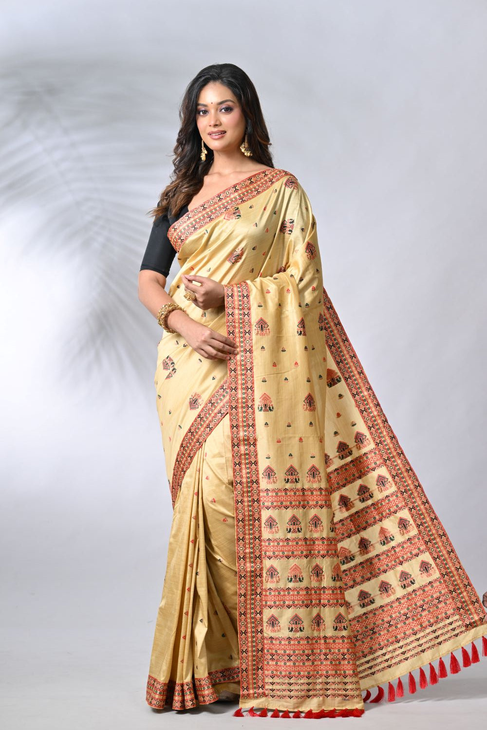 Beige & Red Silk Katan Sarees